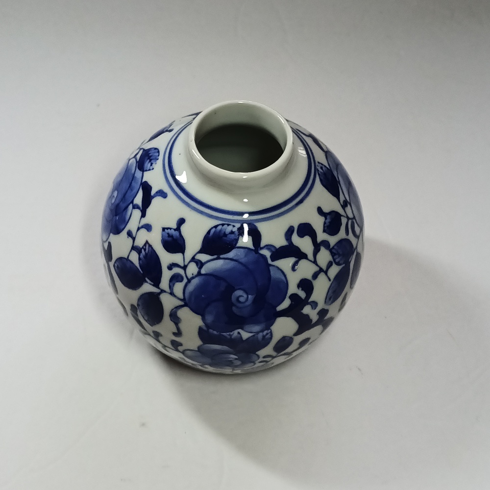 Blue & White Round Porcelain Bud Vase with Flowers and Vines